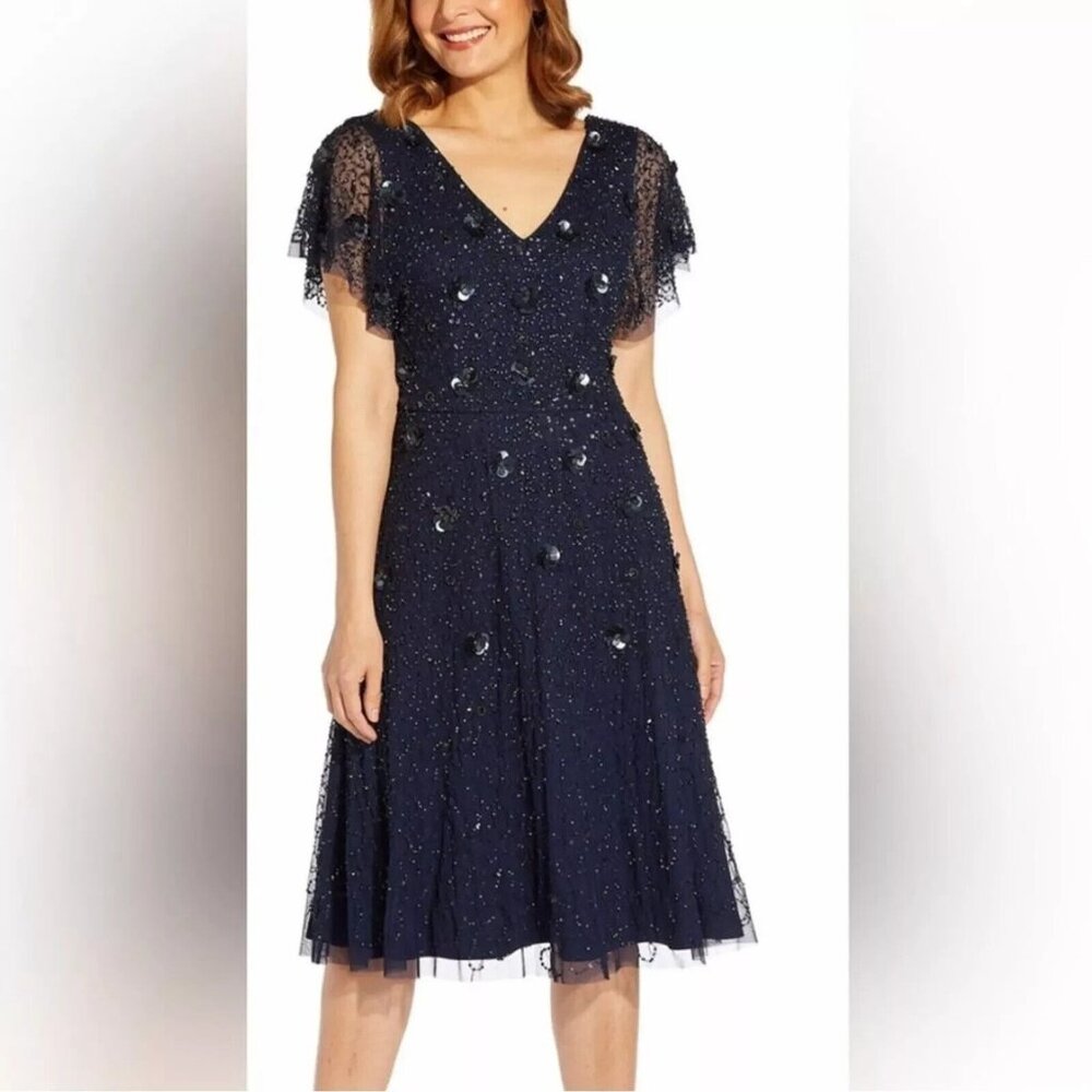Adrianna Papell Navy Beaded V-Neck Cocktail Dress